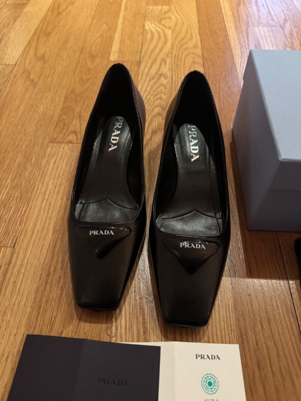 PRADA - Saffiano Leather - Triangle Logo Low Heel Pumps - Black - Picture 3 of 8